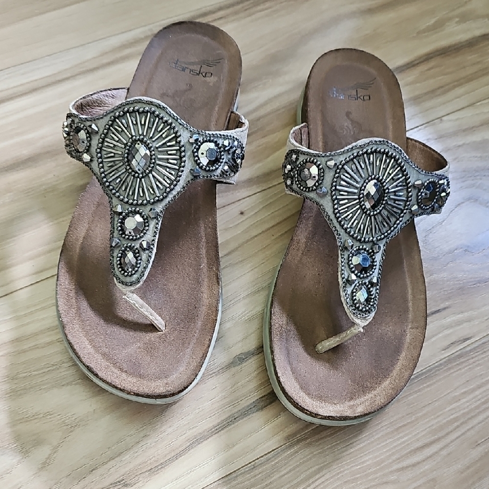 Dansko Women's Sandals with Beaded Accents - Brown and Cream Size 8 (39)